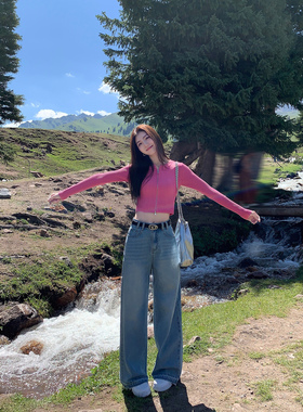 MULVAN 蓝色宽松阔腿牛仔裤女高腰垂感直筒休闲百搭拖地长裤