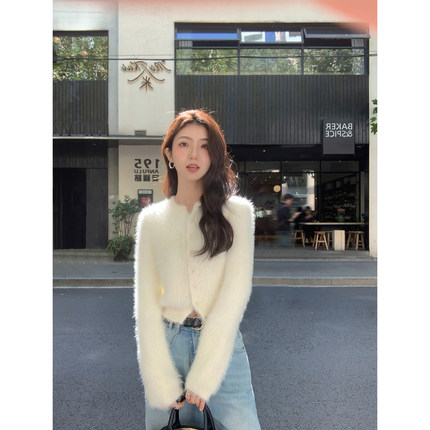 MULVAN软糯仿貂毛开衫毛衣女冬季复古圆领百搭短款针织衫上衣