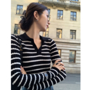 条纹v领长袖 显瘦气质修身 polo针织衫 韩版 上衣 女2025秋新款 MULVAN