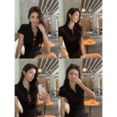 MULVAN t恤 polo领正肩短上衣女褶皱收腰针织短袖 运动派少女 经典