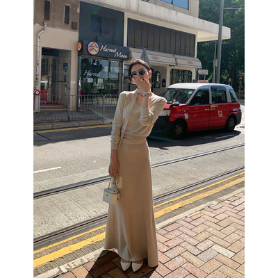 MULVAN 优雅至简 飘带围脖v领打底针织衫女修身鱼尾半身裙两件套