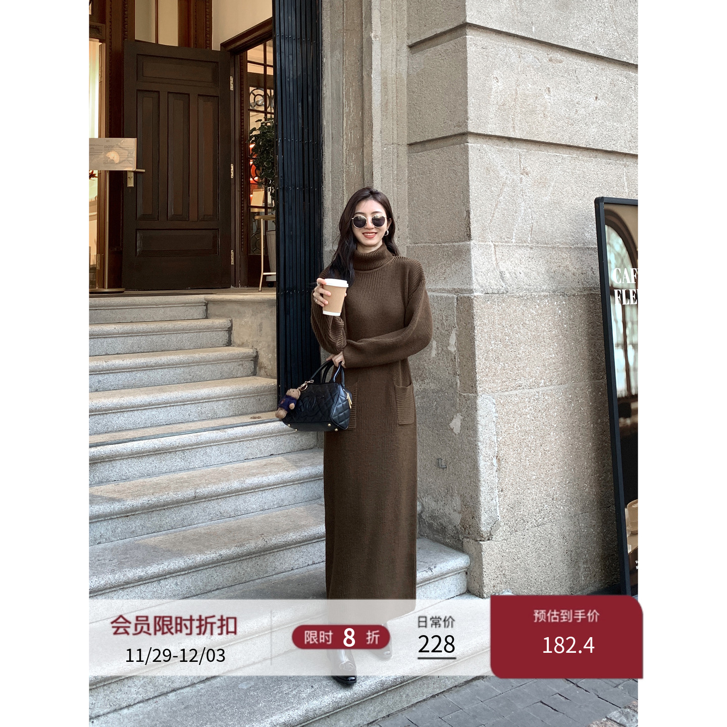 MULVAN 黑色高领羊毛针织连衣裙女冬季新款宽松内搭打底毛衣长裙