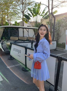 MULVAN 【现货6.5折】蓝色格子衬衫连衣裙女设计感a字短款百褶裙