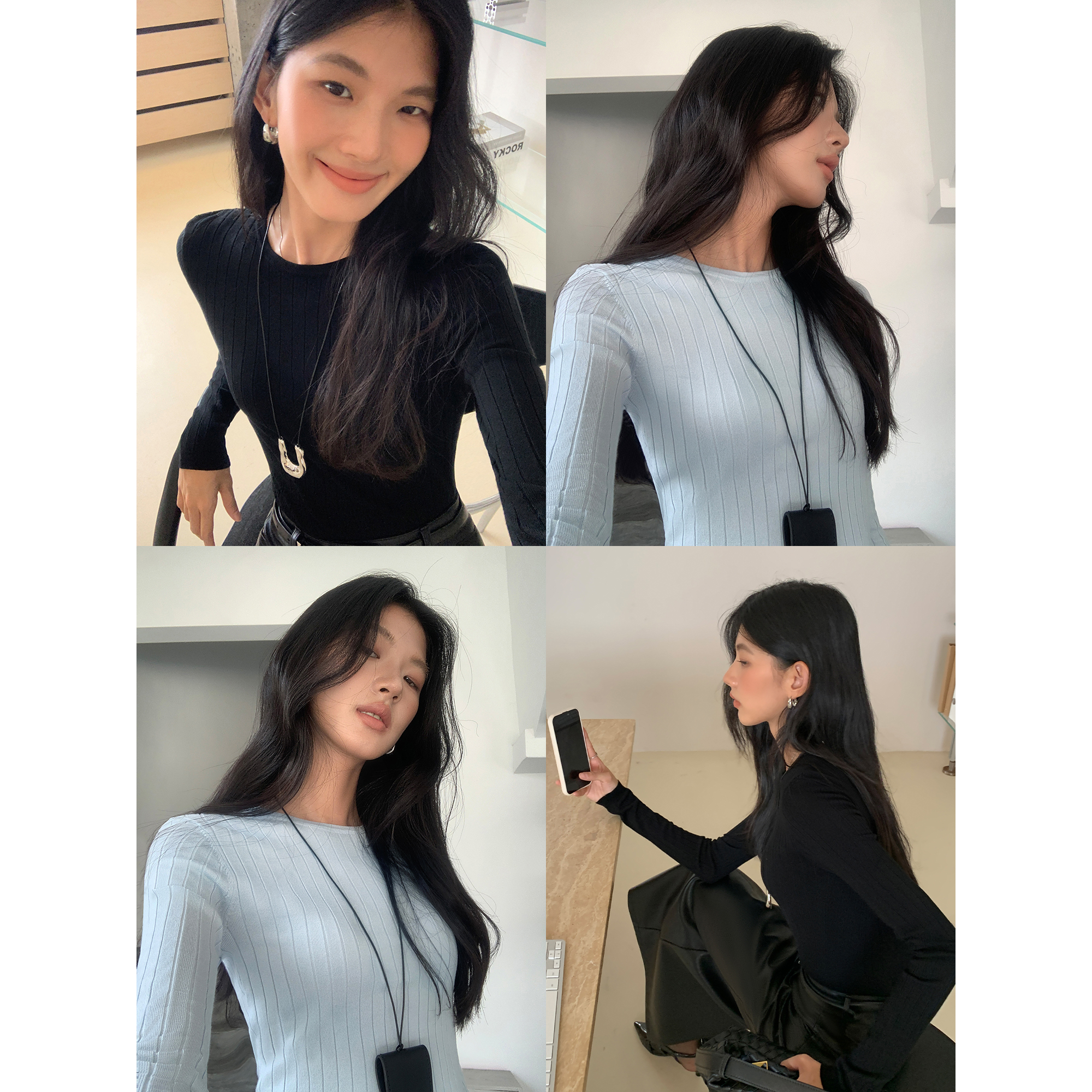 MULVAN黑色圆领针织衫女秋季修身显瘦气质套头内搭长袖打底衫上衣