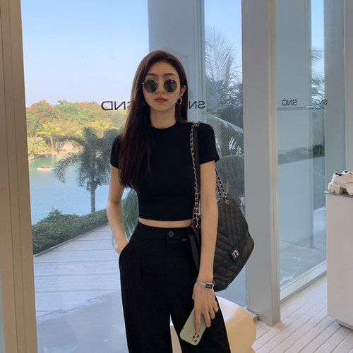 圆领棉女高腰短款露脐辣妹上衣