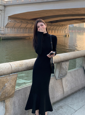 MULVAN针织连衣裙女秋冬气质鱼尾裙半高领内搭显瘦裙子长短款