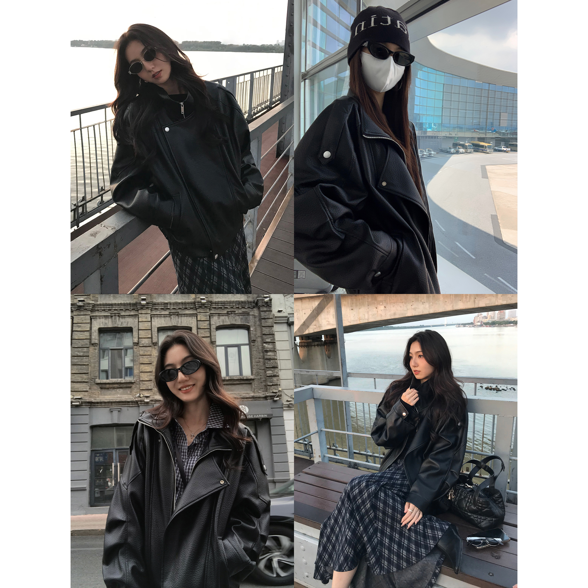 MULVAN 弗里假日 美式黑色pu皮衣外套女酷飒风夹克宽松复古机车服