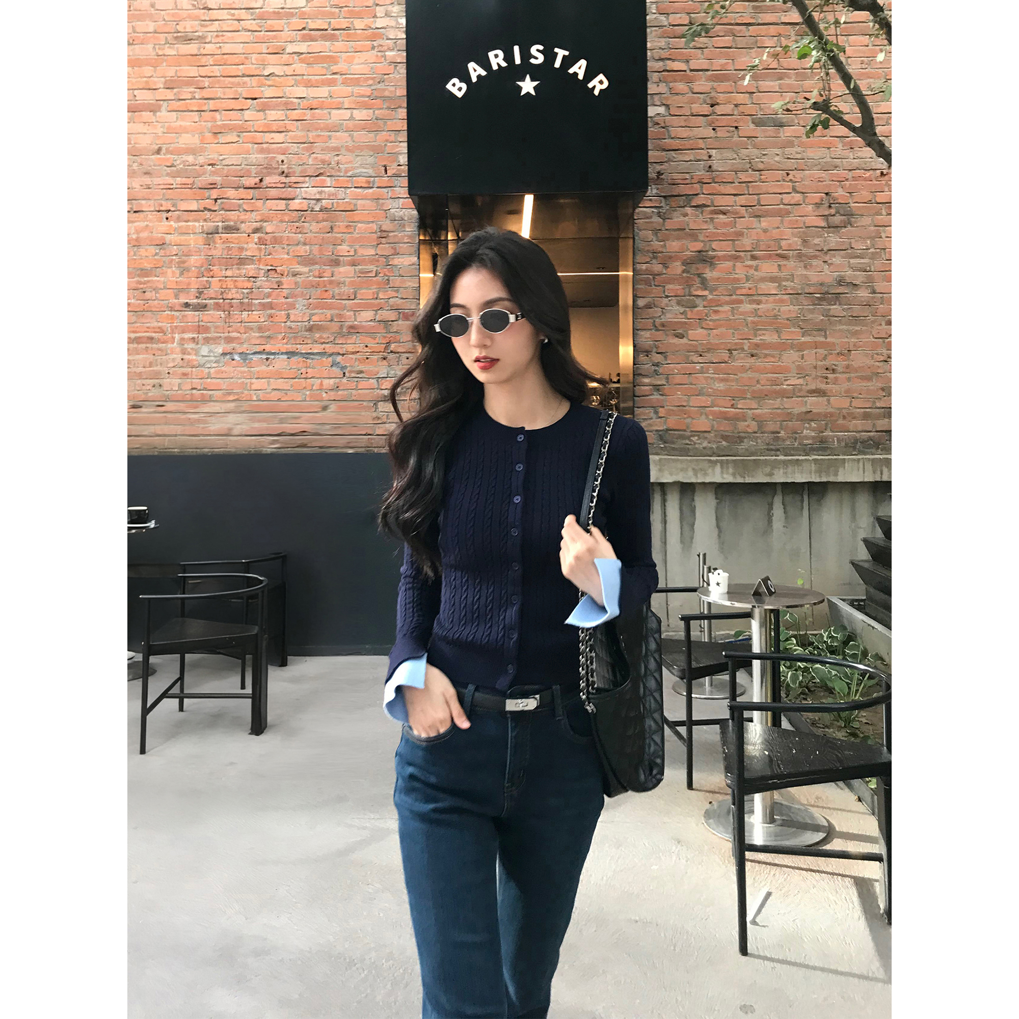 MULVAN 高智韩女 灰色麻花针织开衫女拼接撞色修身显瘦内搭上衣