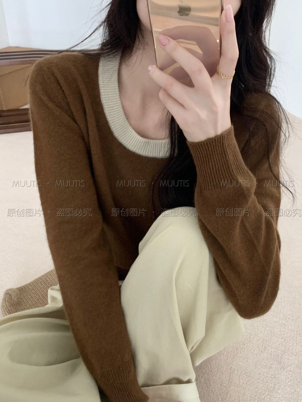 小个子短款羊毛衫【MUUTIS牧缇】韩系设计感拼色圆领慵懒长袖针织