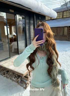 纯欲初恋风上衣【HOLDER】韩系甜美温柔v领系带毛针织衫含33%羊毛