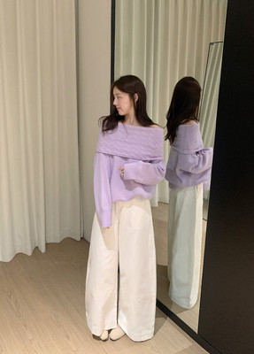 优雅气质poisooo氛围感紫色可堆领穿100羊毛麻花一字肩保暖毛衣女