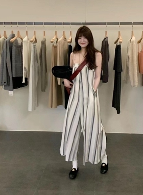 时髦精早秋内搭吊带连体裤女【Handwash 】简约竖条纹直筒背带裤