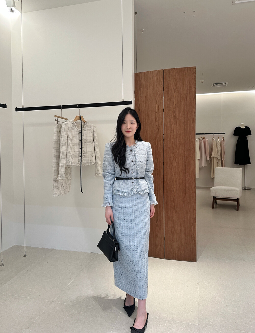 韩系优雅温柔气质高品质杂线毛须边小香风短外套+搭配半身裙套装