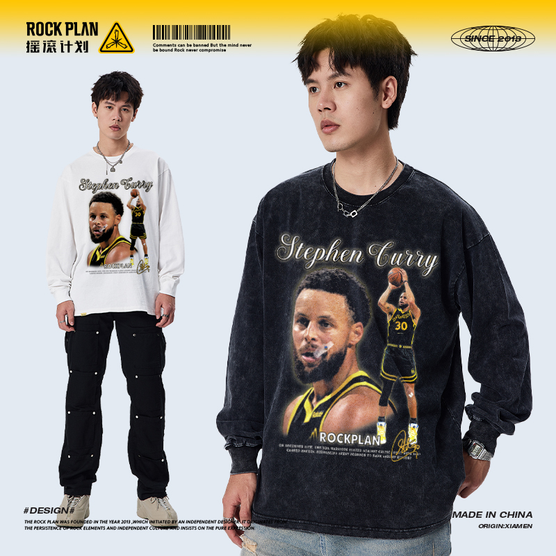摇滚计划美式长袖球星库里纯棉运动T恤重磅秋季打底衫篮球潮牌男