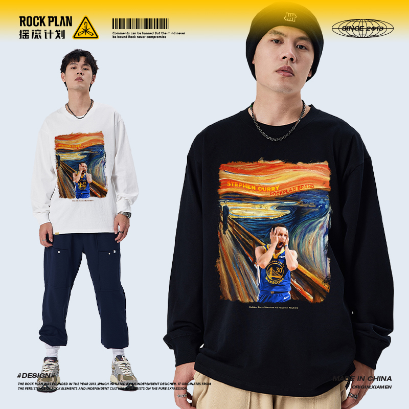 摇滚计划个性印花球星库里长袖秋季全棉宽松复古运动学生T恤男潮