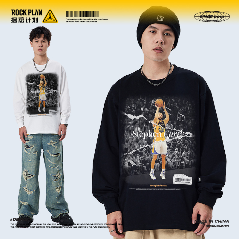 摇滚计划不同时期的库里美式球星印花T恤男学生篮球秋冬oversize