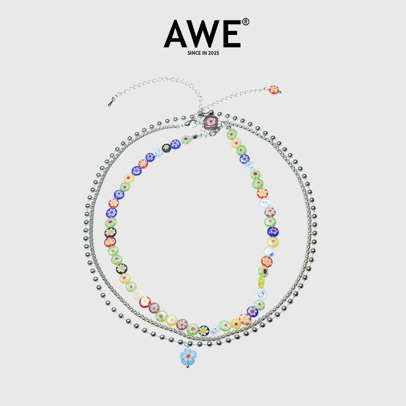 AWE敖子逸同款叠戴琉璃小花项链图片
