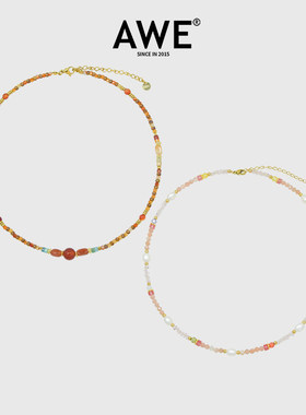 AWE红玛瑙圆珠彩色串珠项链法式复古轻奢新中式珍珠水晶锁骨链女