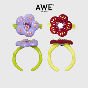 AWE粉色锆石爱心小花开口戒指王橹杰汪苏泷同款 多巴胺穿搭配饰女