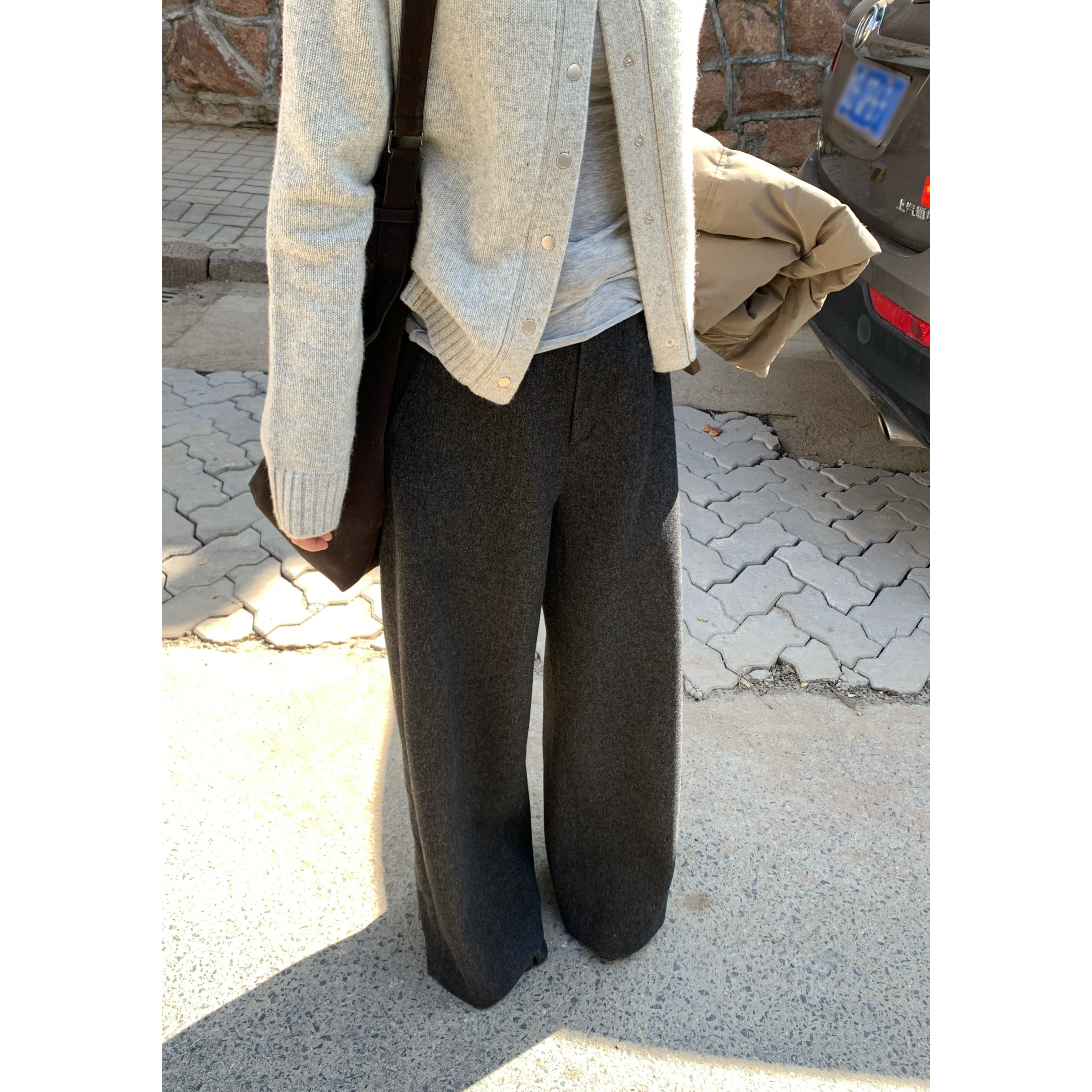 羊毛混纺中高腰直筒阔腿休闲裤