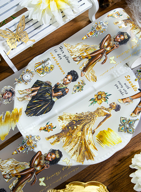 2025.6月新品欧美金灿灿人物花花蝴蝶手账素材贝壳金pet手帐胶带