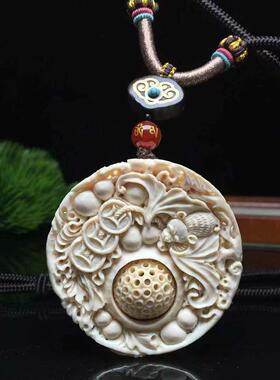 猛犸象牙雕刻福禄万代吊坠圆牌挂件搭配玲珑球毛衣链项饰饰品