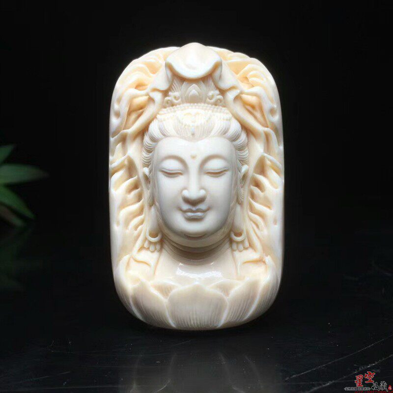 天然猛犸牙莲花观音牌子挂件手工雕刻猛犸吊坠