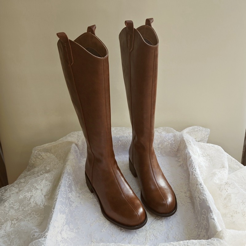 冬季新款真皮简约加绒高筒马丁靴女百搭中跟骑士机车不过膝长靴子