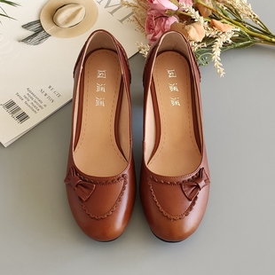 甜美淑女圆头浅口套脚粗跟单鞋 新款 2021春秋季 真皮日系高跟森女鞋