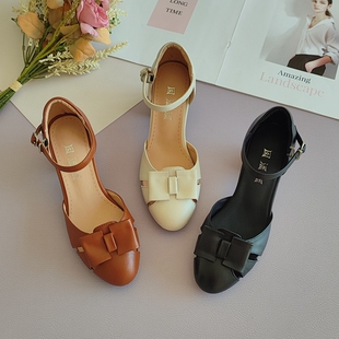 包头粗高跟女鞋 韩版 新款 夏季 淑女真皮圆头大蝴蝶结包跟中空凉鞋