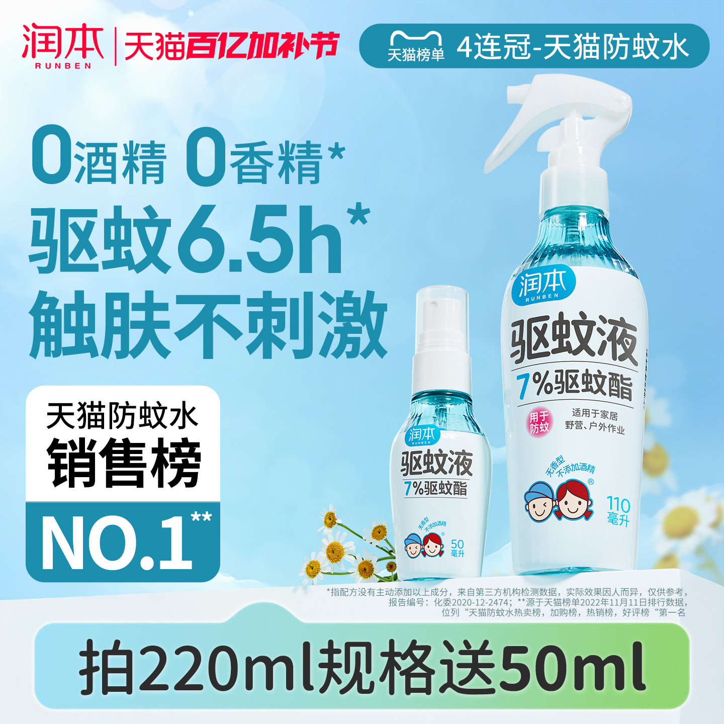 润本驱蚊液防蚊喷雾户外专用驱蚊水蚊怕水花露水 儿童宝宝精油贴