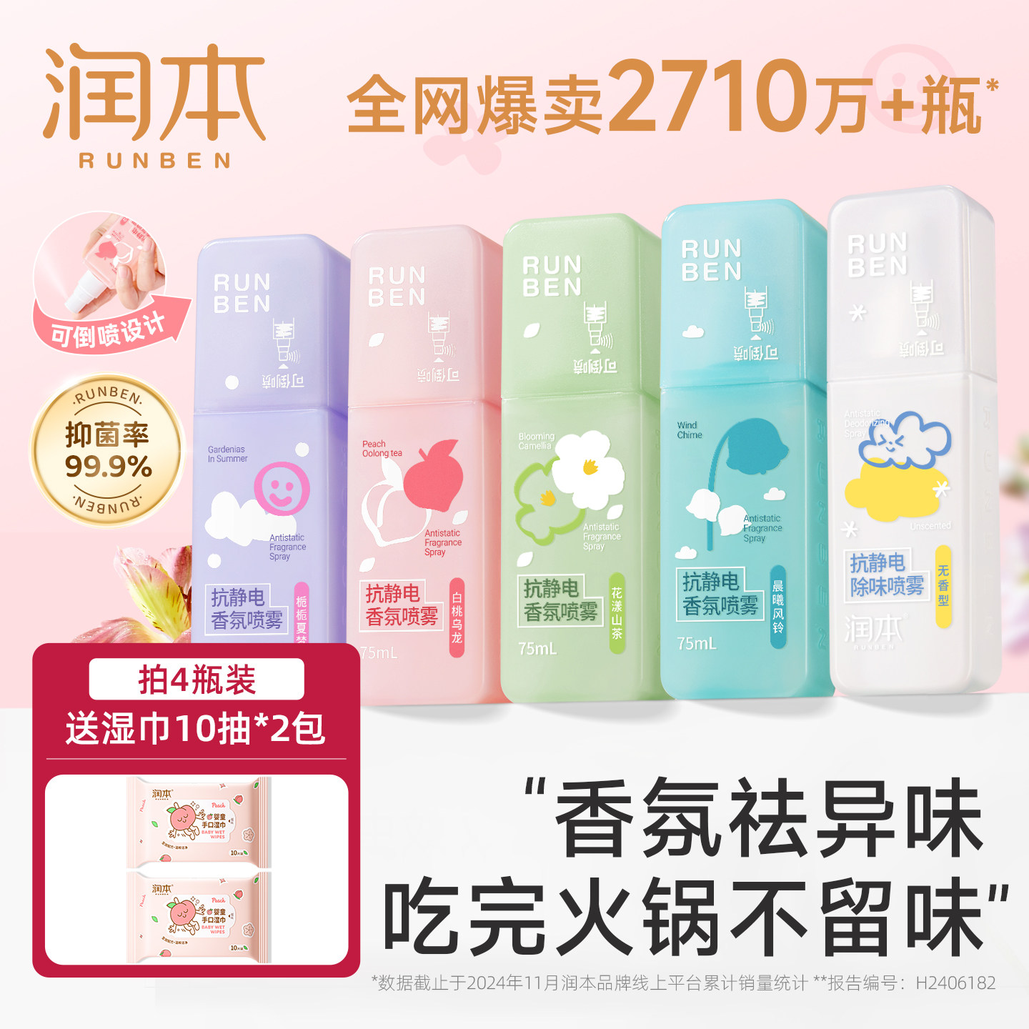 润本防静电喷雾衣服除静电抗皱毛衣毛呢柔顺剂衣物香氛去静电神器