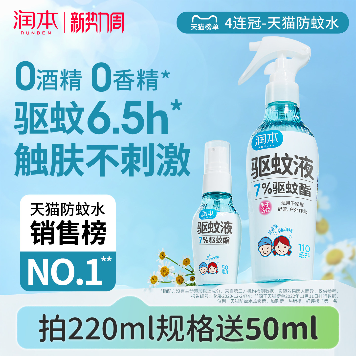 润本驱蚊液防蚊喷雾户外专用驱蚊水蚊怕水花露水 儿童宝宝精油贴