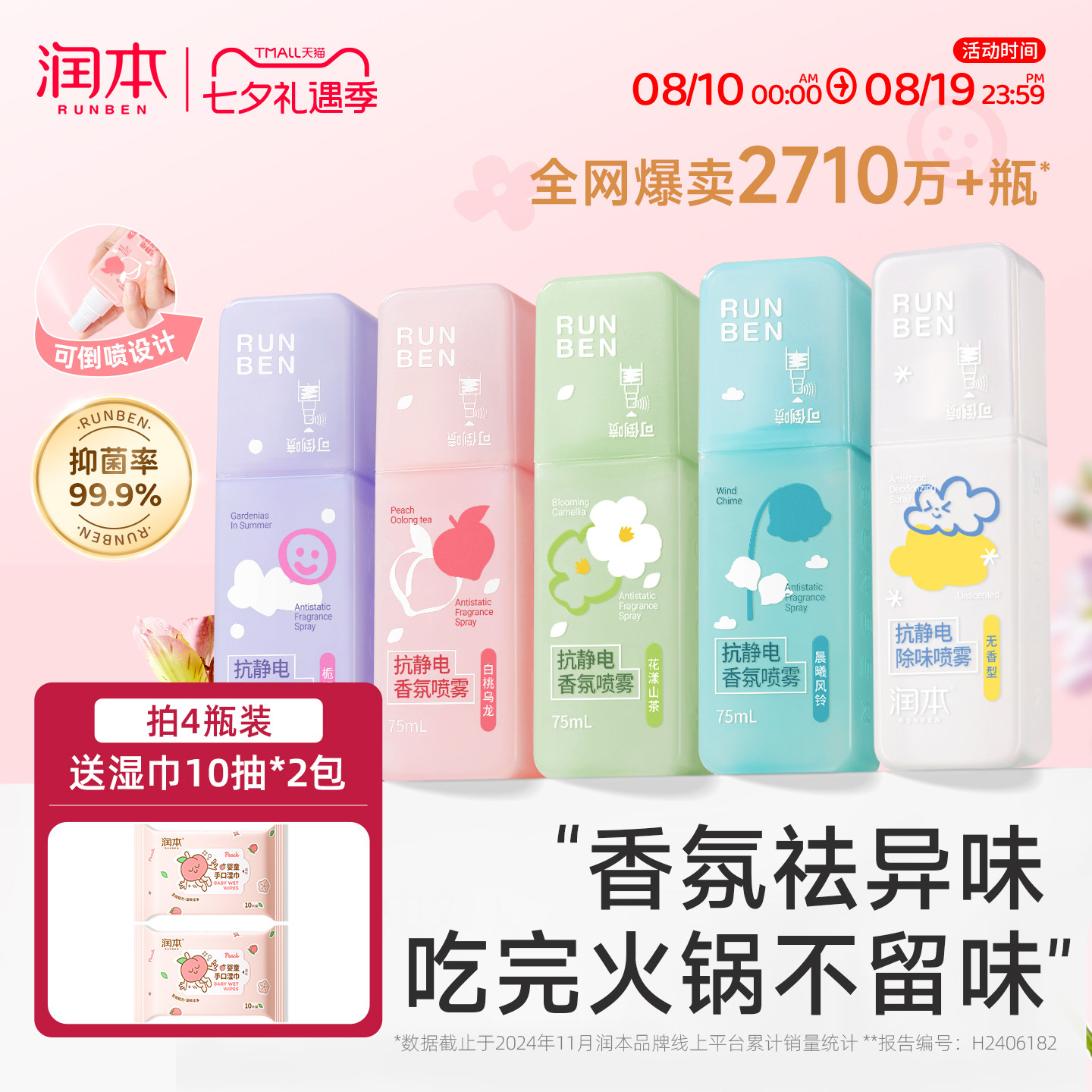 润本防静电喷雾衣服除静电抗皱毛衣毛呢柔顺剂衣物香氛去静电神器