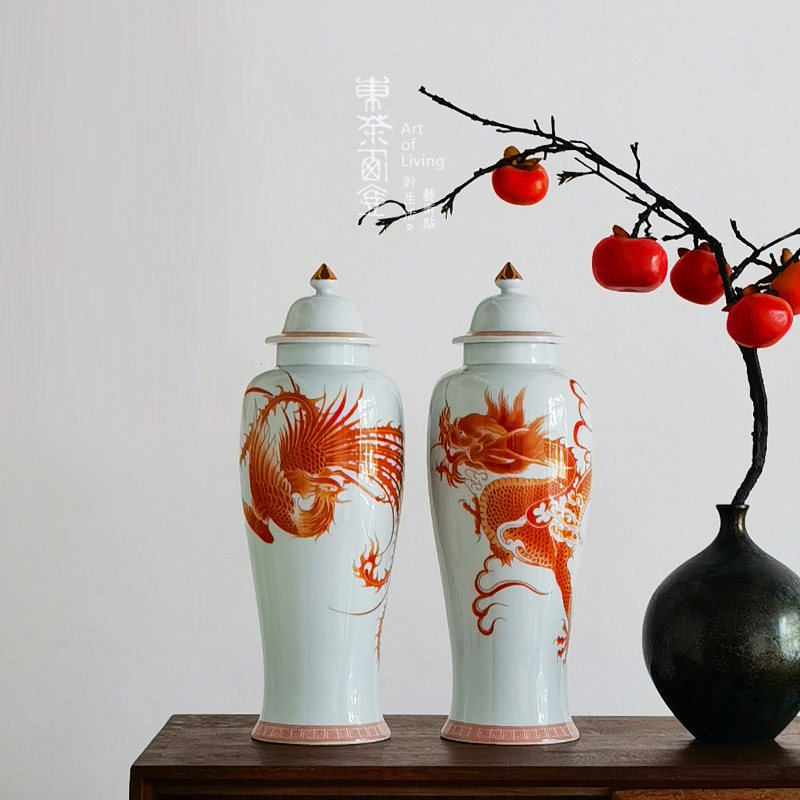 巾帼茶叶罐陶瓷茶罐釉中青花矾红龙凤茶仓钧窑密封罐紫钧高将军罐