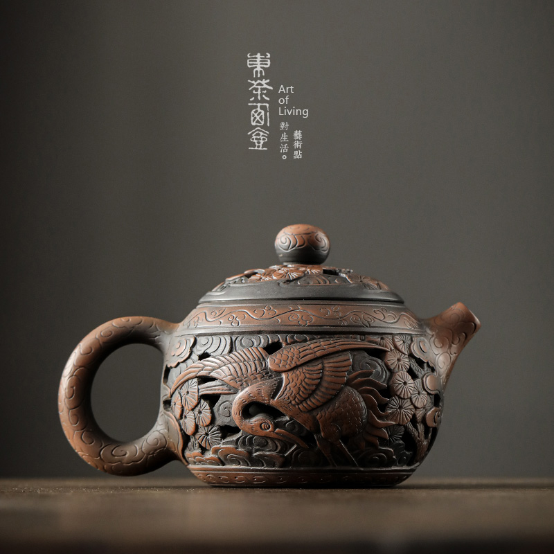 云南建水紫陶茶壶手工镂空双层西施壶手作非紫砂壶浮雕仙鹤泡茶器