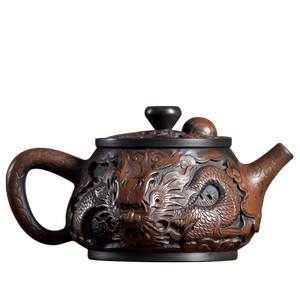 建水紫陶茶壶全手工堆雕龙石瓢壶