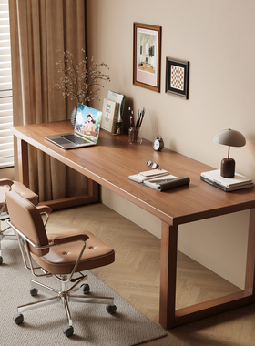 实木口字双人书桌家用长条桌卧室中古风电脑桌学习桌大板办公桌