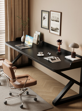 黑色实木双人书桌带围挡家用长条桌卧室写字桌中古风电脑桌办公桌