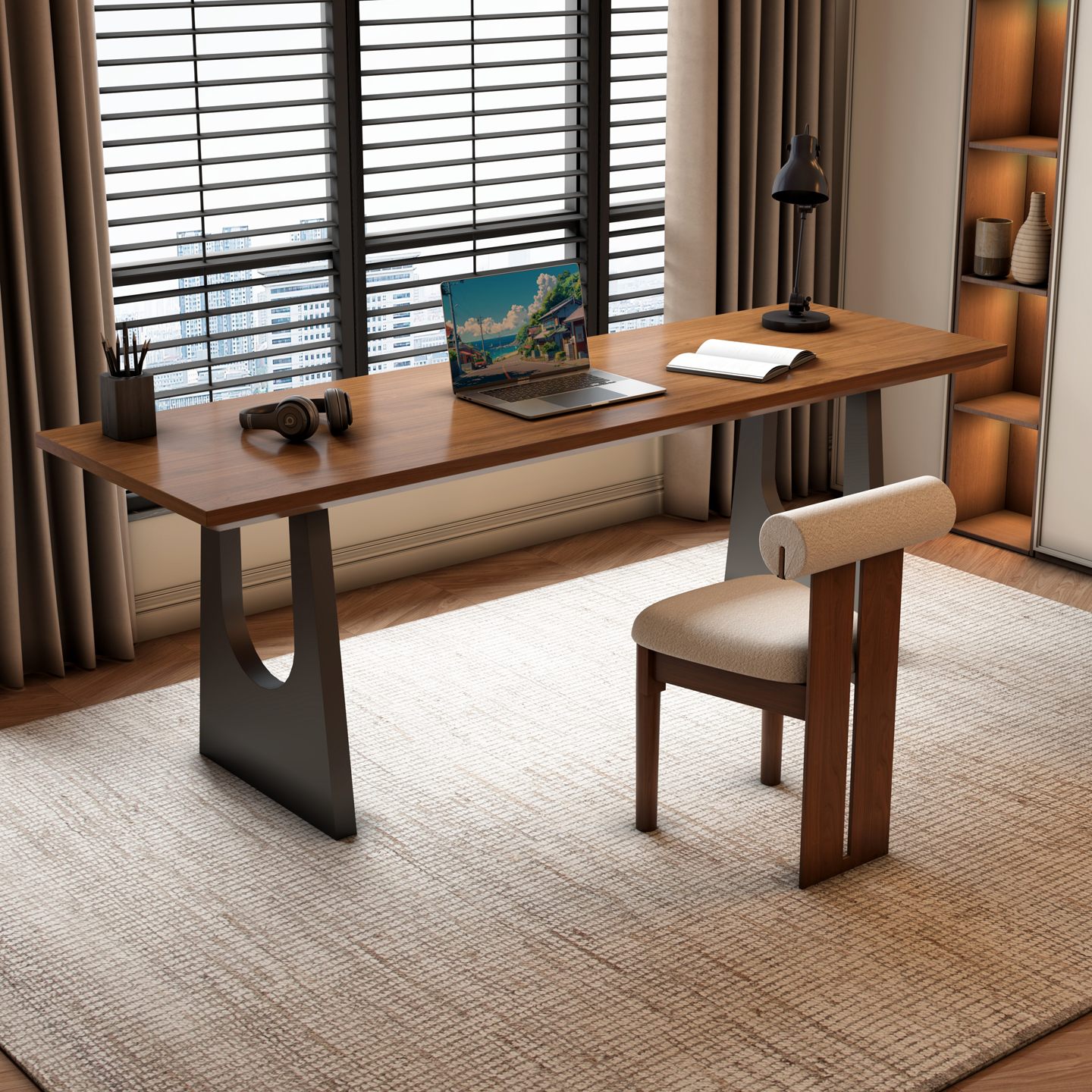 实木双人电脑桌去客厅化书桌家用长条桌卧室中古风学习写字办公桌