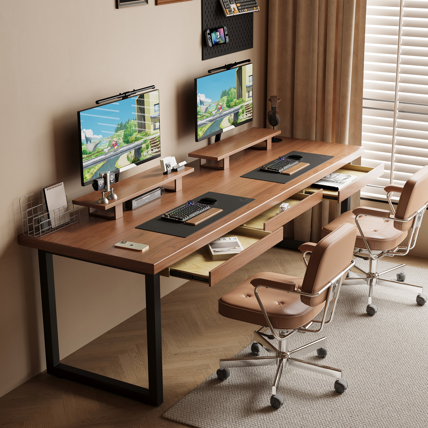 带抽屉实木双人电脑桌台式家用书桌长条学习桌电竞桌大板办公桌子,住宅家具,电脑桌,淘宝优惠券,粉丝福利购,淘宝优惠卷