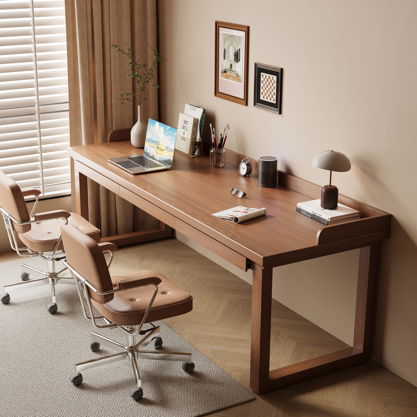 带抽屉带围挡实木方形腿书桌家用双人电脑桌卧室中古风大板办公桌