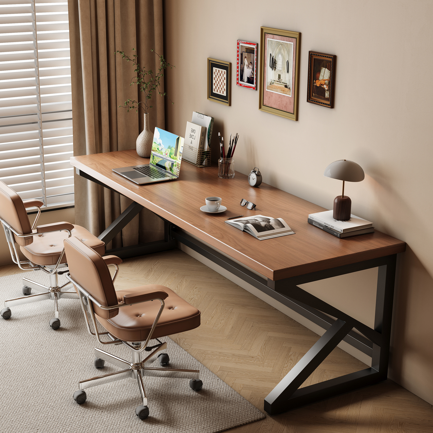 实木K字双人书桌家用长条桌