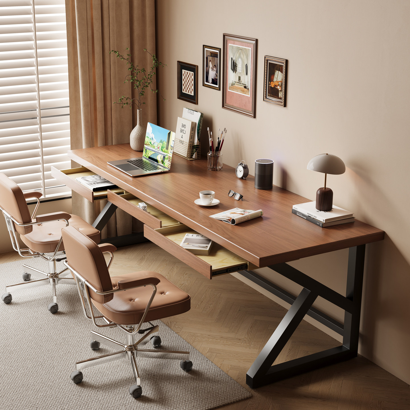 带抽屉K字可夹支架实木书桌家用双人学习桌卧室书房大板电脑桌,住宅家具,书桌,淘宝优惠券,粉丝福利购,淘宝优惠卷