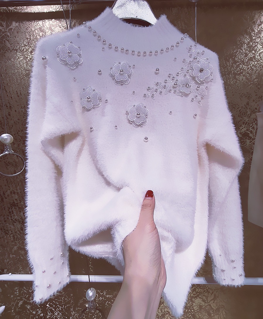 韩国高端定制 不撞衣 重工珍珠项链仙女立体串珠花朵打底毛绒毛衣