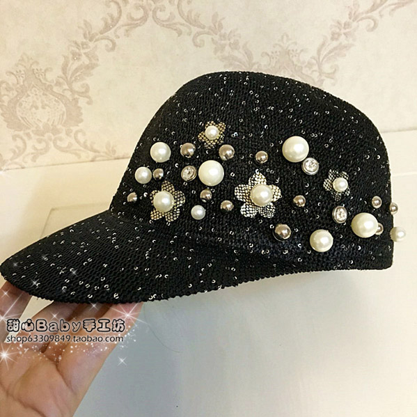 韩国夏季珠光亮片编织鸭舌帽 立体花朵钉珠棒球帽遮阳帽沙滩帽女