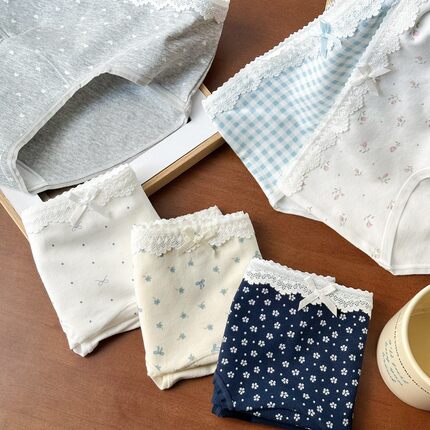 韩系高颜值春日少女全棉内裤碎花田园格子爱心A类加长裆内裤女10A