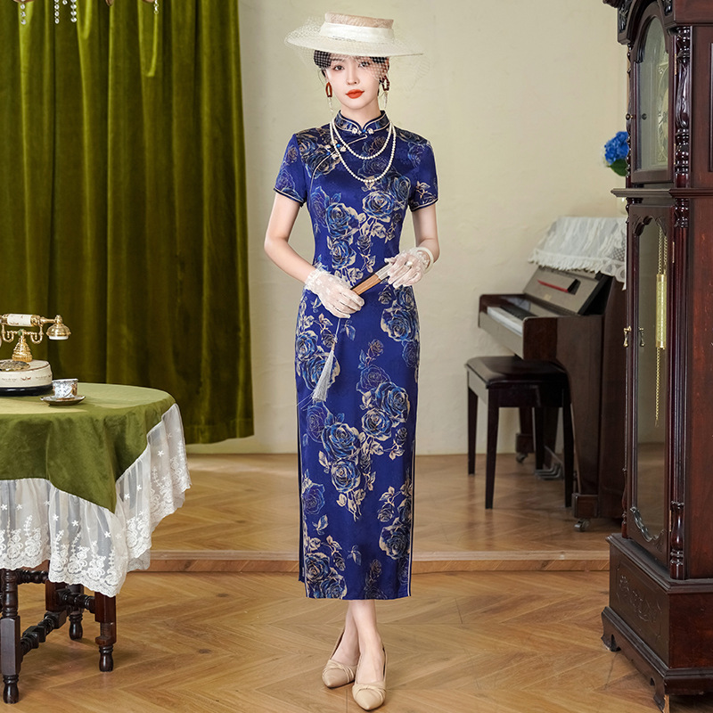 蓝色真丝旗袍妈妈夏季新款中式改良优雅长款高端桑蚕丝礼服婚宴女