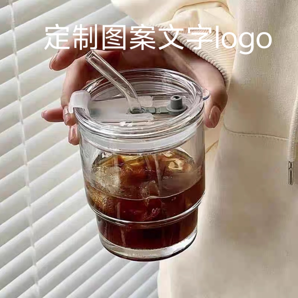 竹节玻璃吸管杯400毫升咖啡杯带盖牛奶杯喝水杯定制logo图案文字
