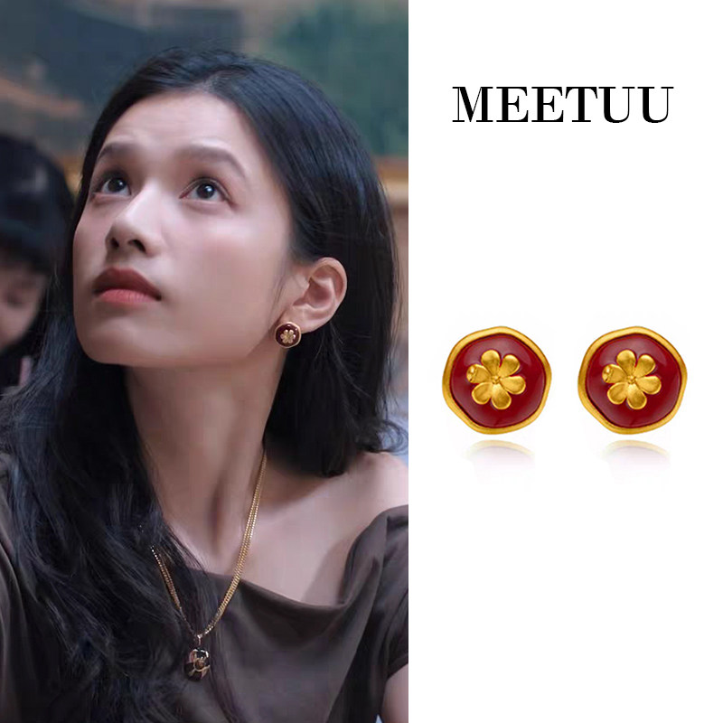 首发！野狗骨头张婧仪同款复古红色花朵耳环耳饰高级感气质时尚
